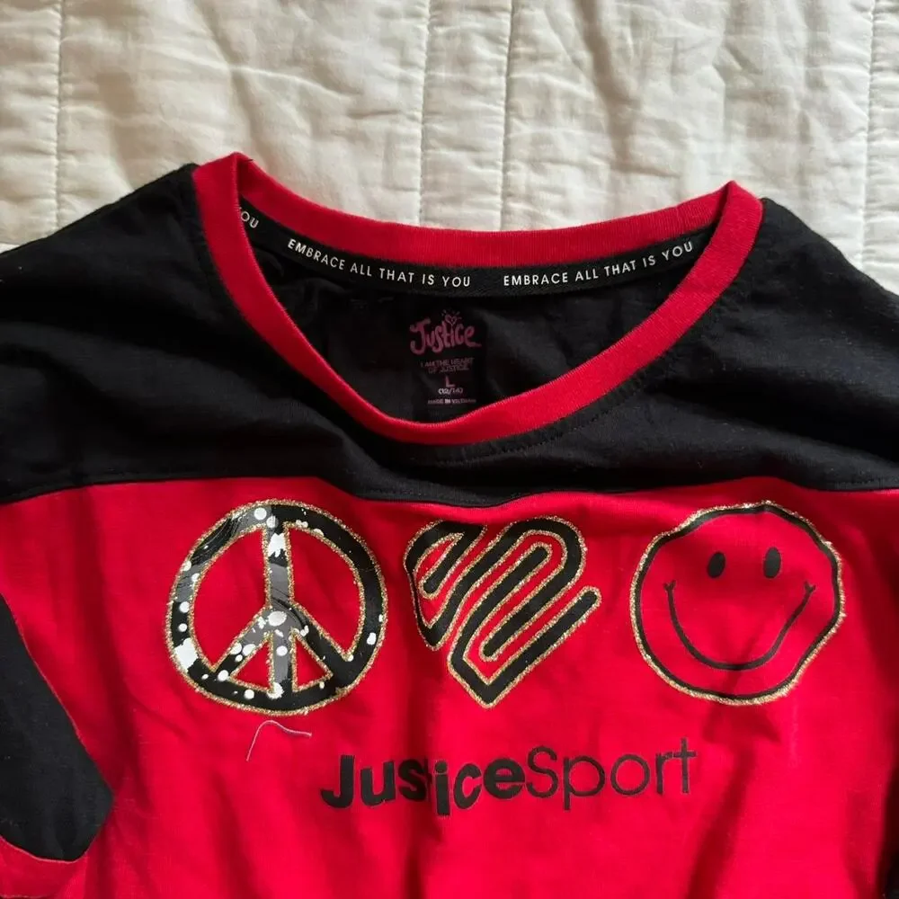 Justice graphic long sleeve t‎ shirt sz large black red sporty glitter casual
